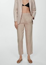 Women's Beige Linen Straight Leg Flat Front Dress Pants w/ Pockets Button