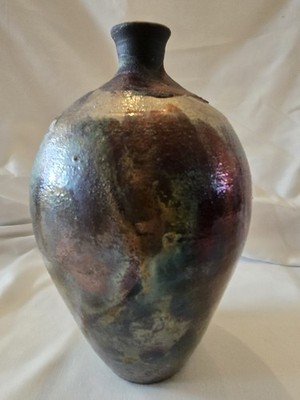 Ron Brigerman Signed Raku Art Pottery Vase Iridescent Metallic Glaze Studio 9''