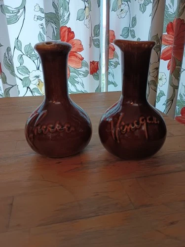 Hull Made In USA Brown Pottery Cheese Shaker And Vinegar Set