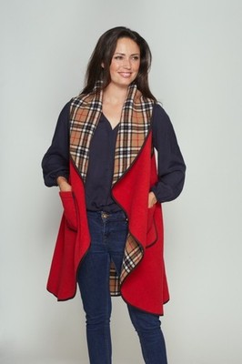 Red/Camel Check Womens Sleeveless Waterfall Duster Wool mix Kesta Coat 1 Size
