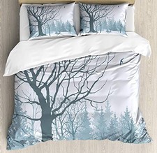 Winter Duvet Cover Set, Winter Season Theme a Tree Without Queen Petrol Blue