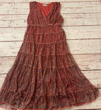 Max Studio BOHO Hippie Chic Ruffle Midi Dress Flower Pattern Plunge Size Medium