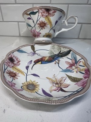 Beautiful Grace Teaware Porcelain Floral Bird Tea Cup & Saucer Set 