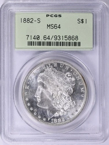 1882-S Morgan Silver Dollar, PCGS Certified MS 64, OGH, Brilliant Uncirculated