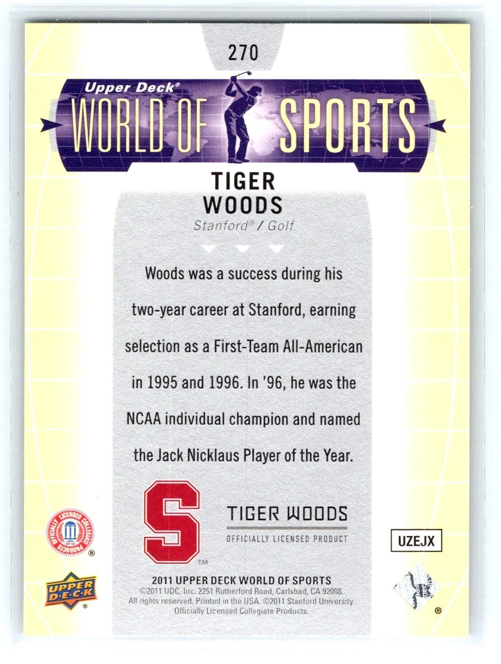 2011 Upper Deck World Of Sports #270 Tiger Woods Near mint or better - Image 2 of 2