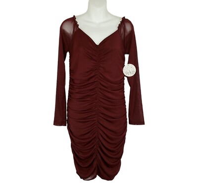 burgundy mesh dress long sleeve Mesh Sheer Ruched Off Shoulder Long Sleeve Maxi Dress main image 0