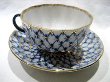 Lomonosov Vintage Imperial Porcelain Blue/Gold Net Teacup Saucer Made USSR