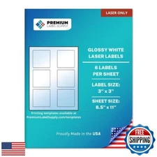 Premium Label Supply Glossy White Square Sticker Labels – 3" x 3" – (6 per Sh