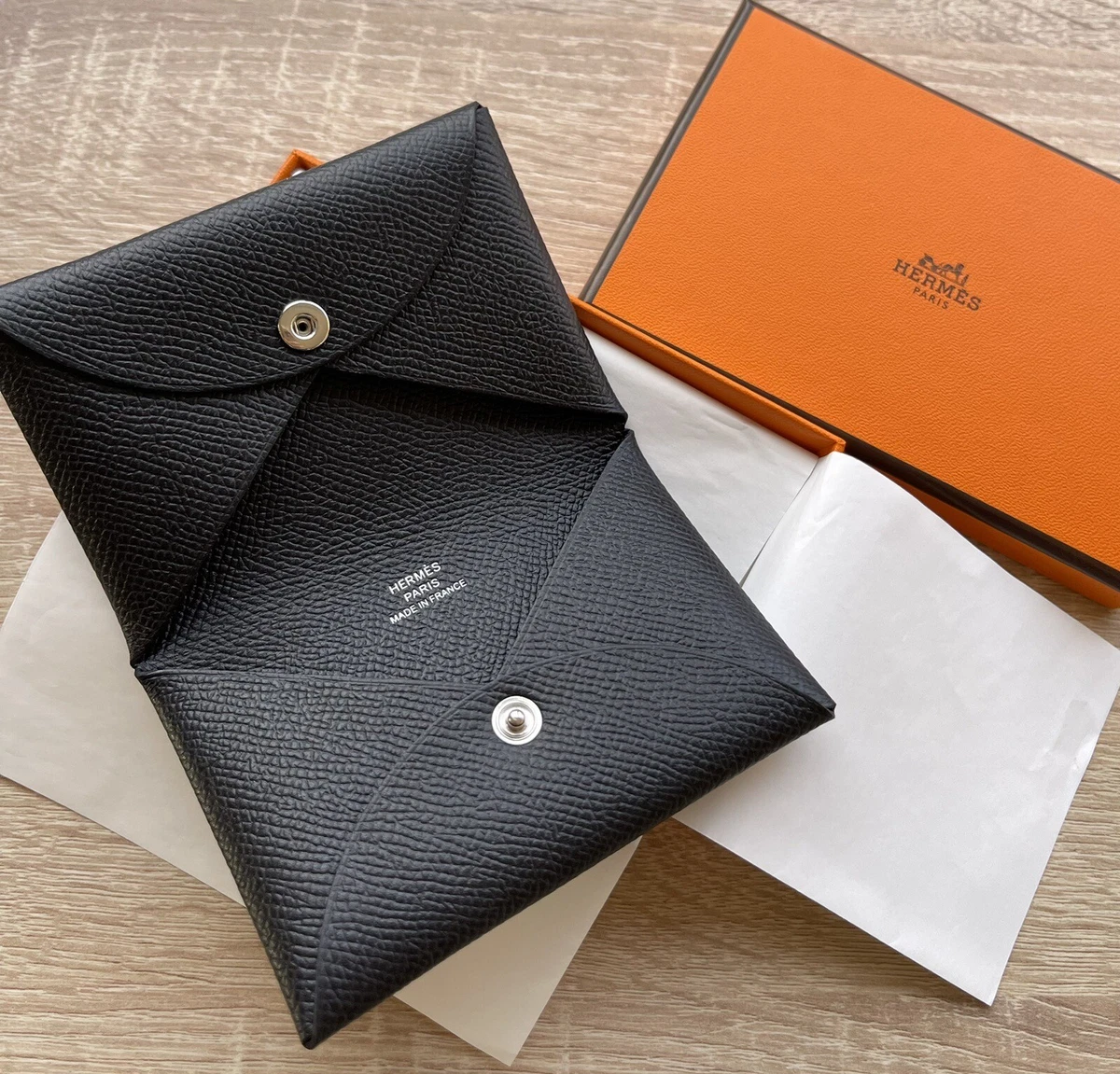 Hermes Calvi Black Card Holder Epsom Leather