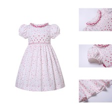 Summer Party Flower Girls Smocked Dress Pink Sash Bow Ruffle Collar Puff Sleeves