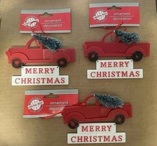 3 Red Truck Christmas Tree Ornaments - "Merry Christmas" Approx 5in X 3 in