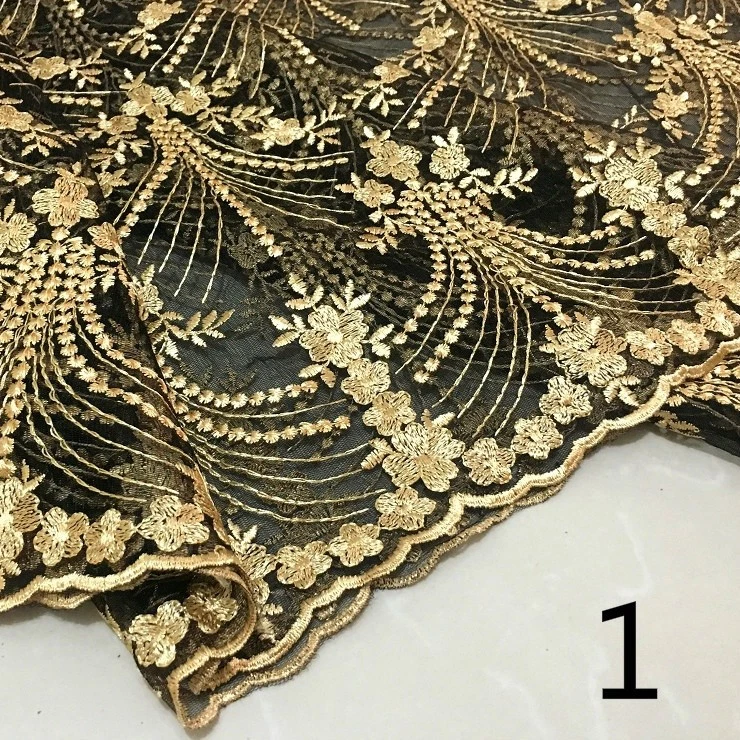 1M Gold Flower Embroidered Fabric Lace Net Material Bridal Dress Vintage DIY New - image 3 of 4