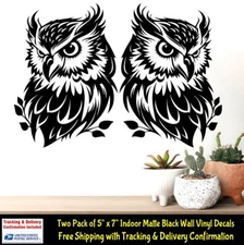 Two 7" Owl Graphic Decor Indoor Removable Black Vinyl Decal Walls Doors Mirrors