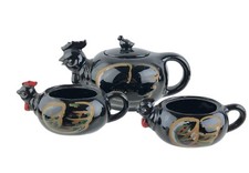 Sugar Bowl 2 Cups Novelty Stacked Chicken Set Black Pottery Glazed Japan Vintage