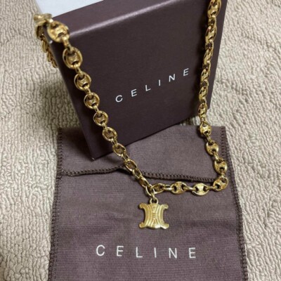 Used Rera Celine Vintage Triomphe Chain Links Charm gold necklace JAPAN 