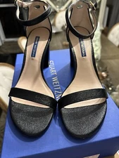 Stuart Weitzman Black Caviar Pat Strapped Blocked Heel Sandal, Size 7.5