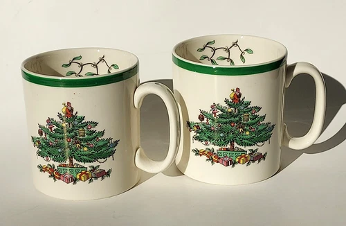 Vtg 1980s Spode England Christmas Tree S3324 mug Tom & Jerry Mistletoe Pair