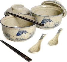 Ceramic Ramen Bowl Set of 2, Ramen Noodle Bowl with Lid 27oz Japanese Retro S...