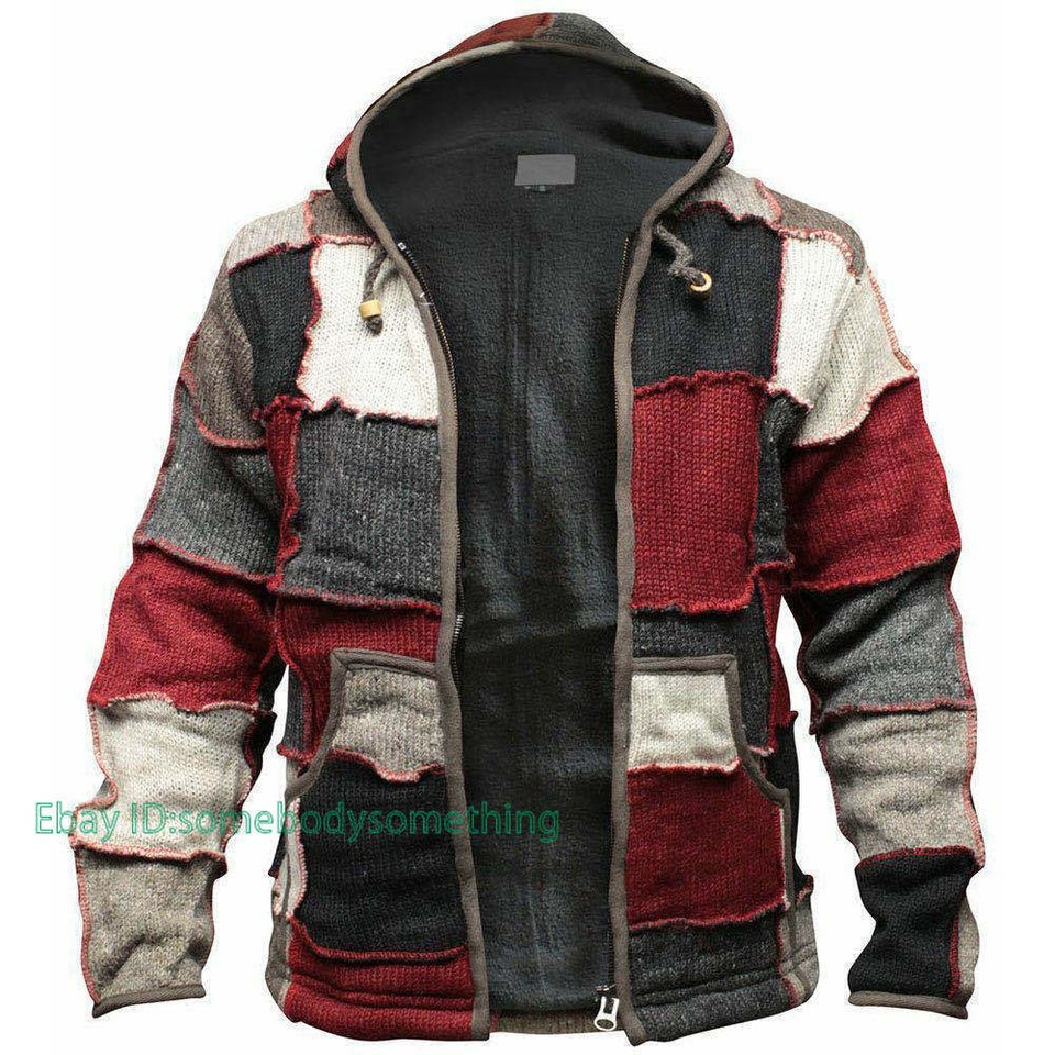 Mens Patchwork Pocket Hippy Winter WARM Zip Boho Knit Jacket Hooded