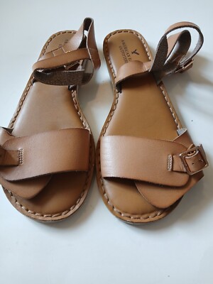 Women's American Eagle Flat Strappy Brown Leather Sandals Size