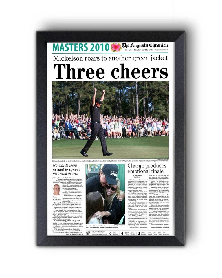 2010年菲尔·米克尔森大师赛冠军“三欢呼”带框报纸 — 第 2/4 张图片