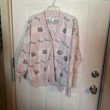 Hello Kitty x Forever 21 Pink/white Check Cardigan Button Graphic Print L E529