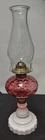FENTON/ LG WRIGHTCRANBERRY & MILK GLASS COIN DOT, THUMBPRINT OIL LAMP