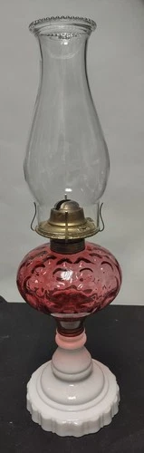 FENTON/ LG WRIGHTCRANBERRY & MILK GLASS COIN DOT, THUMBPRINT OIL LAMP