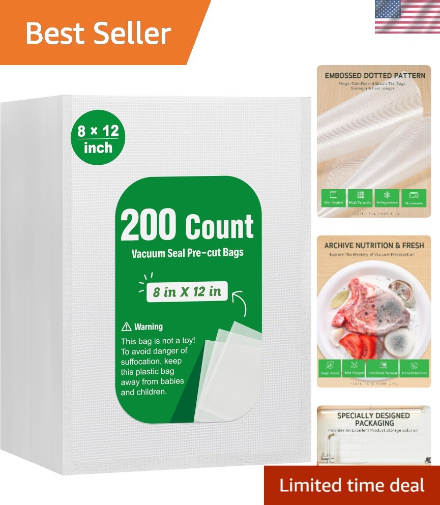 Vacuum Sealer Bags Quart 8x12 Inch 200 Count Food Storage Sous Vide