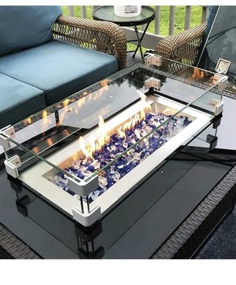 Rectangular Outdoor Tabletop Gas Fire Pit Table, Glass Top, Glass Wind Guard