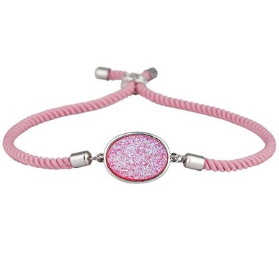 Pink Aura Natural Crystal Druzy Titanium Coated Macrame Adjustable Cord Bracelet