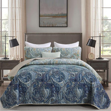 Paisley Quilt Set Queen Size, Boho Bedspread Coverlet Set 3 Pieces, Khaki Blue O