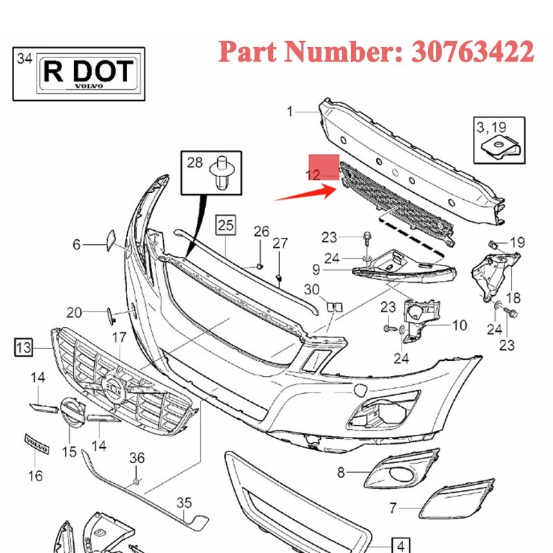 30763422 Front Lower Grille For 2009 2010 2011 2012 2013 Volvo XC60 VO1036101 Foto 2 de 4