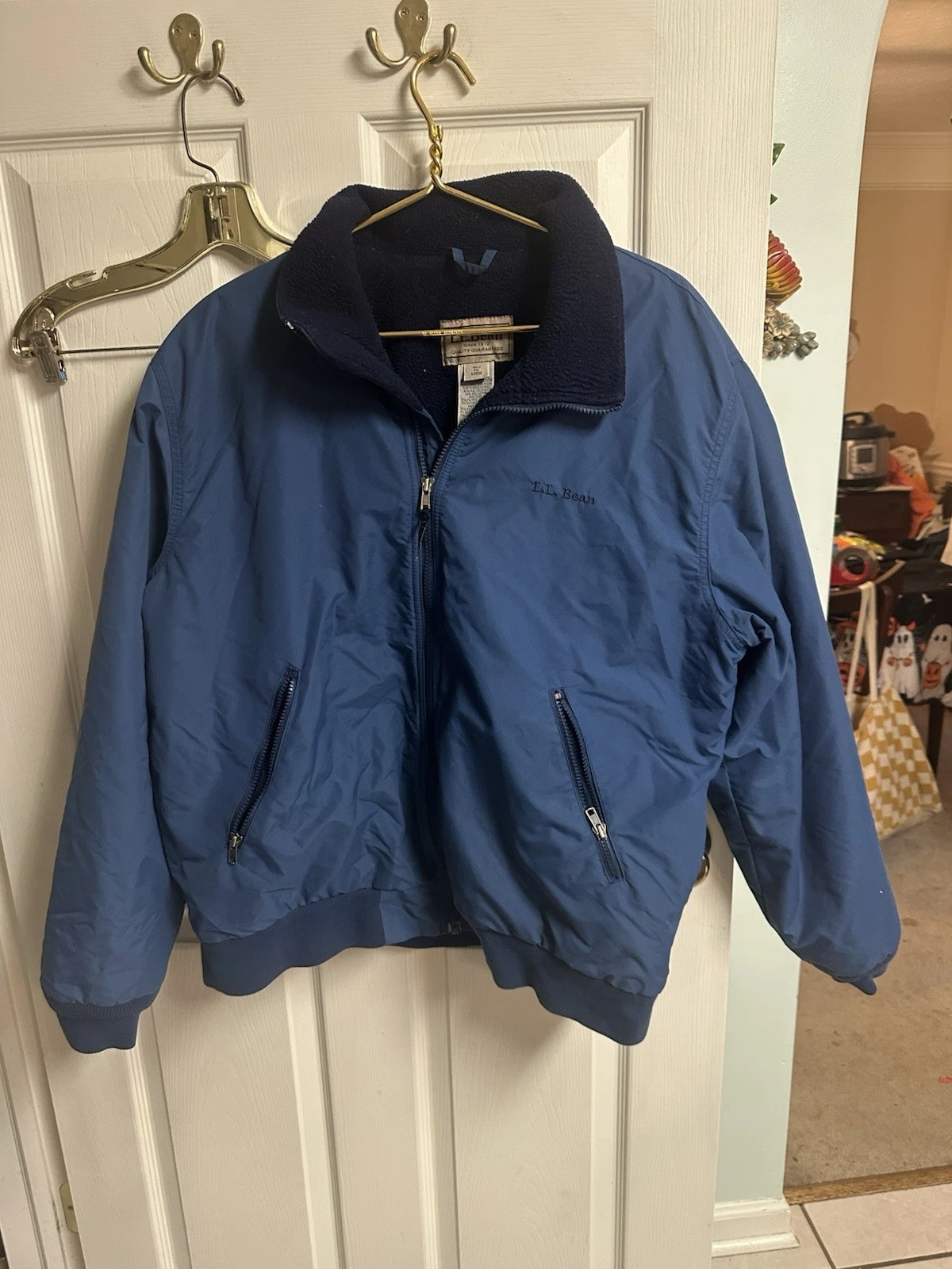 LL Bean Jacket Mens Large Bomber Blue Fleece Lined Outdoors Windbreaker Y2K 90s