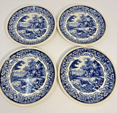Biltons England Ceramic Oak Leaves Farmhouse Toile Blue & White Plates Set of 4