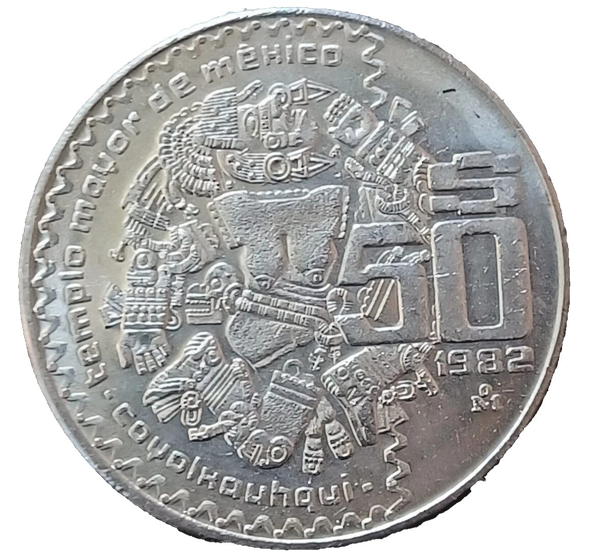 MEXICO $50 Pesos, topless AZTEC Moon Goddess 50 Peso Coin, 1982