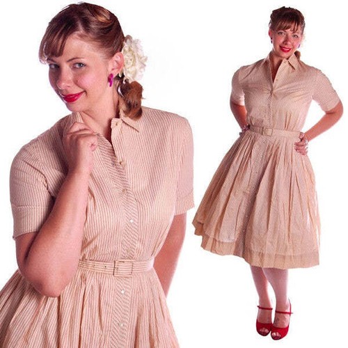 Vintage RETRO Red/White Cotton Shirt Dress 1950s Sz6-8 NOS Spectator