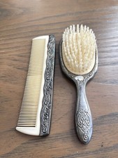 Vintage Ornate Floral Design Hair Brush  Comb Set Silver Plated Vanity Set