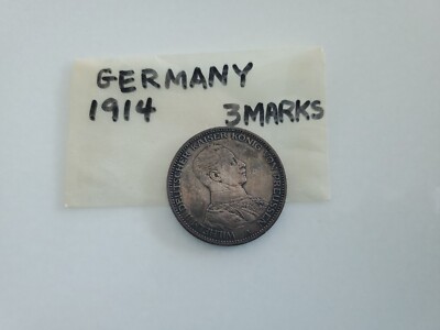 1914 A 3 Marks Prussia Germany KM 538 .900 Silver over 100 years old.