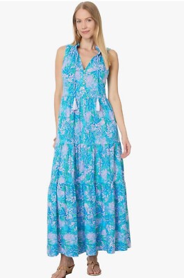 Lilly Pulitzer L42223 Las Olas Aqua Strong Current Sea Malone Maxi Dress Size S