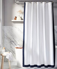 NEW WHITE NAVY HOTEL BORDER LUXURY SHOWER CURTAIN 72 X 72 100 COTTON PIQUE