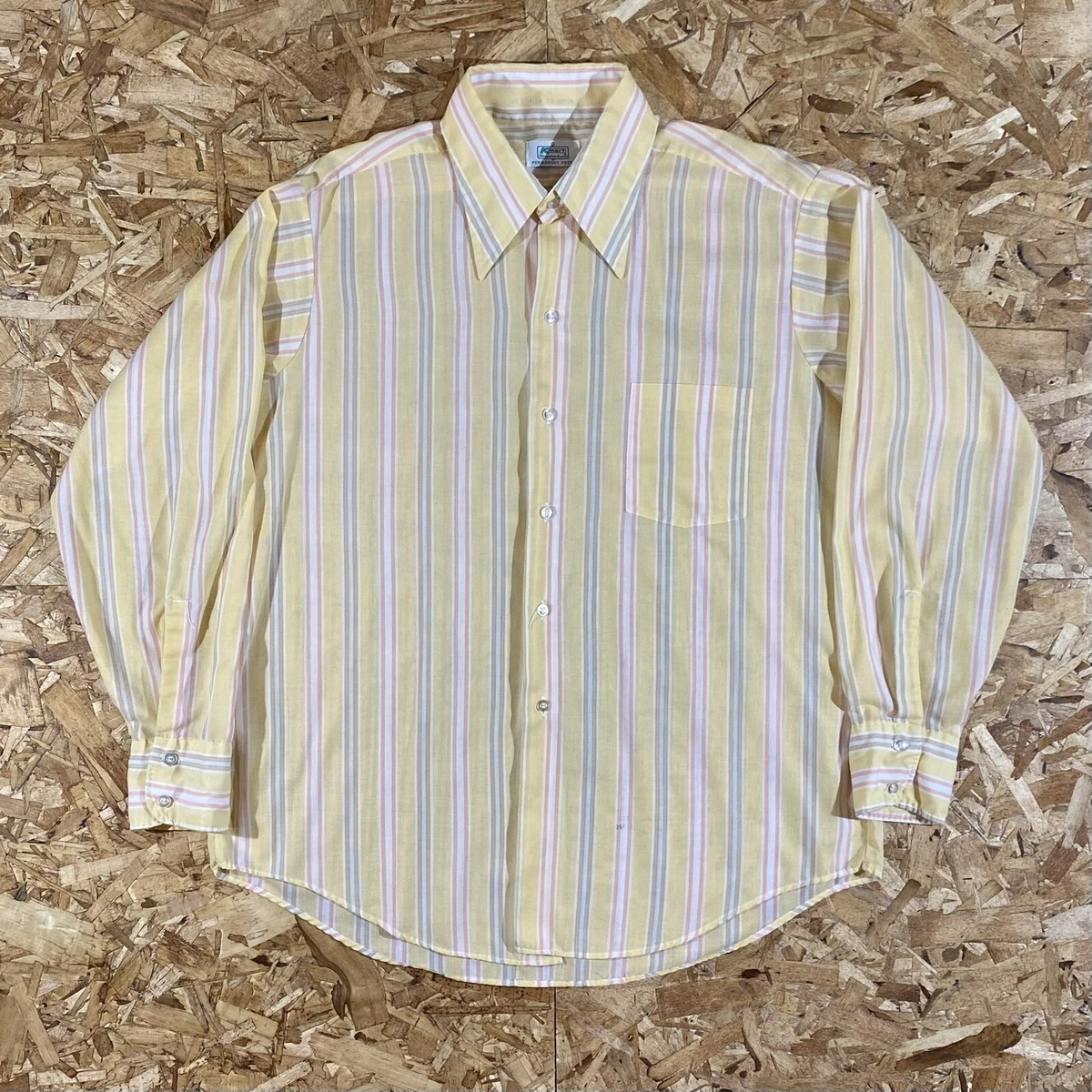 Vintage 70s Kmart Permanent Press Yellow Orange Blue Ls Button Up