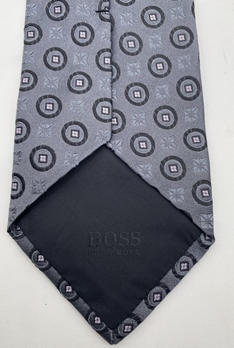 Boss Hugo Boss Herren-Krawatte grau & schwarz rundes Muster schmale Seide - Bild 7 von 10