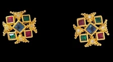AVON Maltese Cross Earrings Multicolor Rhinestones Gold Tone Pierced NIB Vtg NOS