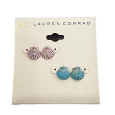 LC LAUREN CONRAD Women's Gold Plated , Sea Shell Shaped Stud Earrings Set NWT