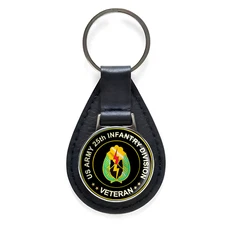 US Army 25th Infantry Division Veteran Black Leather Keychain Silver Keyring