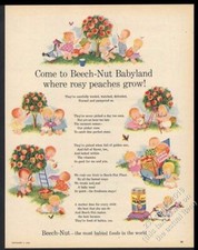 1958 Beech-Nut baby food babies playing peach tree art vintage print ad