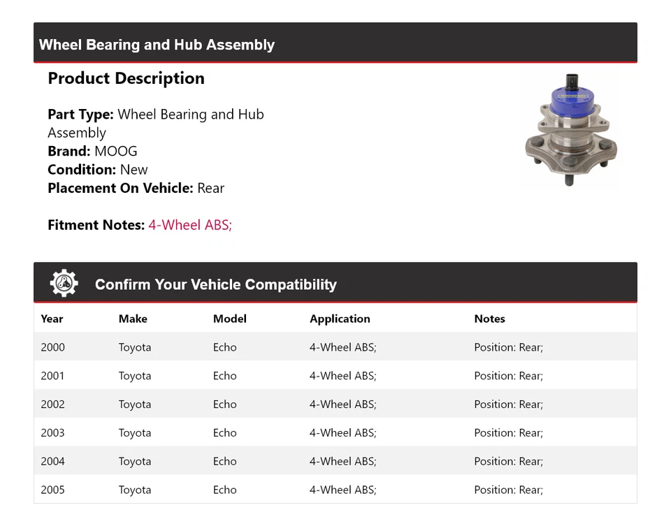 Conjunto de cojinete de rueda y buje trasero MOOG 2000 2001 para Toyota Echo 2000-2005 Foto 2 de 4
