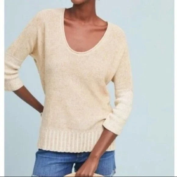 Anthropologie Moth Catamaran 3 4 Sleeve Ribbed Knit Pullover Cream