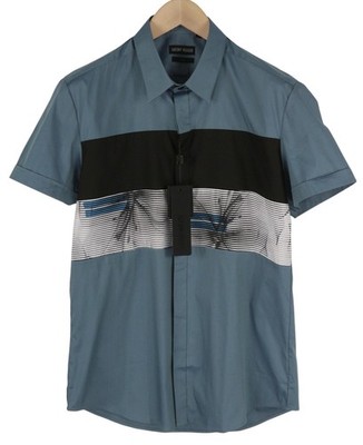 Antony Morato Avio Men's Shirt L Blue Slim Short Sleeve Button-Up Patterned